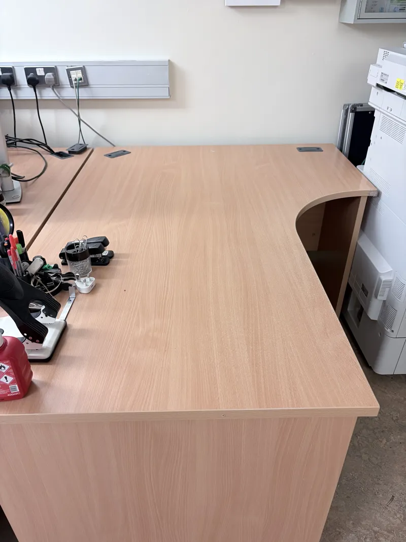 Large Light Oak Curved Desk with Built-in Storage Cubby